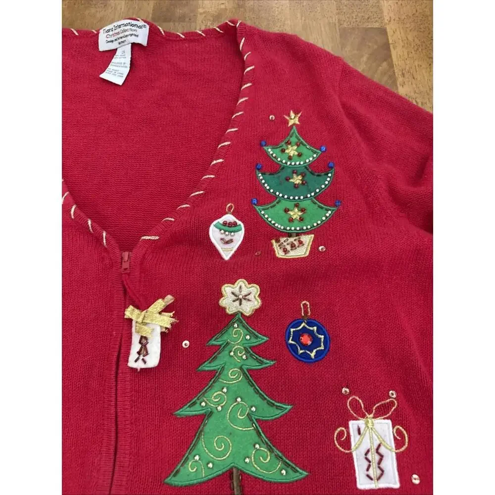 Tiara International Zip Cardigan Sweater Women 2X Christmas Trees Beaded Novelty - Picture 4 of 12